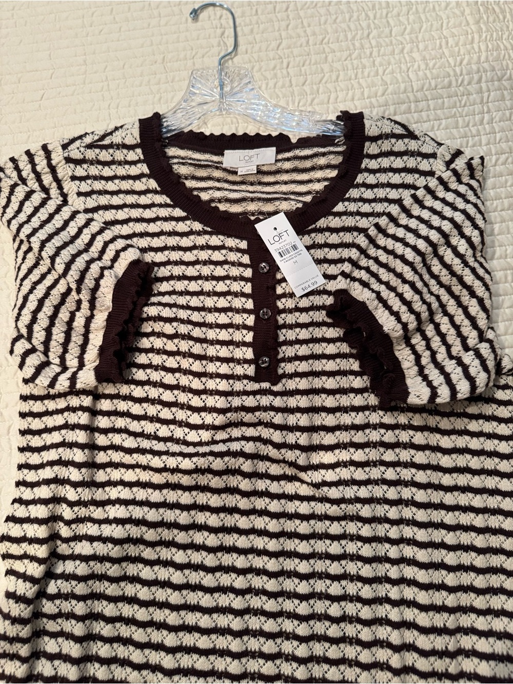 LOFT Cream & Brown Striped Ruffle-Trim Henley Sweater